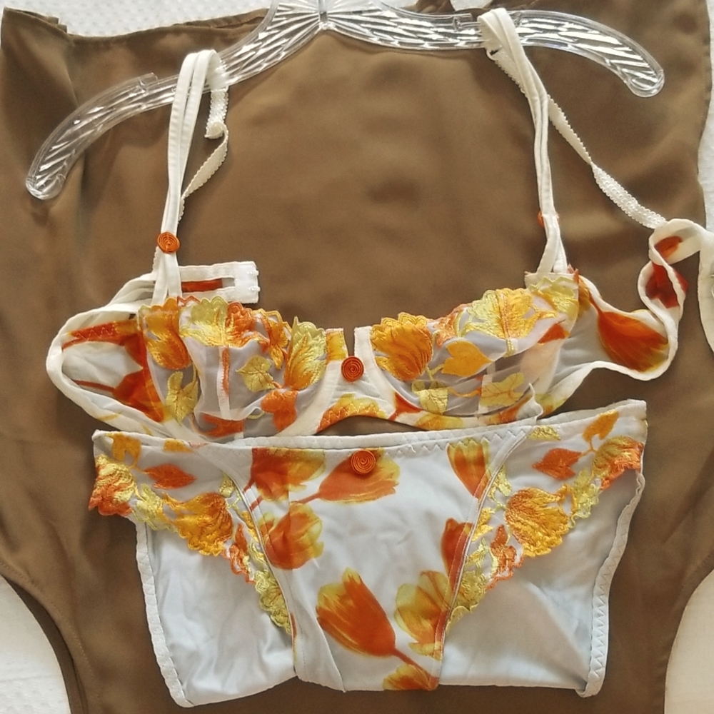 Aubade Orange Gold Tulips Appliques Underwire Bra Size 36 - Picture 3 of 11